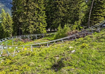 Achterbahnstrecke auf einer grünen Wiese umgeben von Nadelbäumen in einem bewaldeten Berggebiet