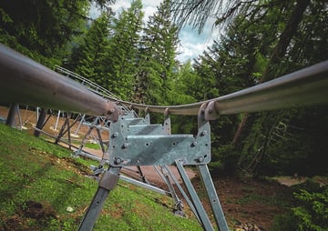 Blick entlang einer Metallachterbahnstrecke im Wald mit Stützpfeilern und Bäumen im Hintergrund